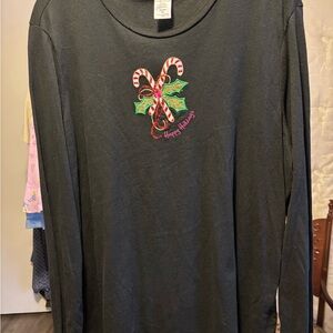 Christmas T-shirt Black Long Sleeve with Candy Cane Embroidery